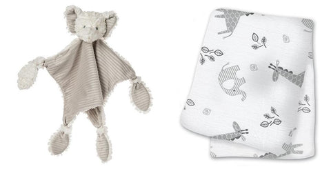 Afrique Elephant Lovey and lulujo Muslin Swaddling Blanket Set