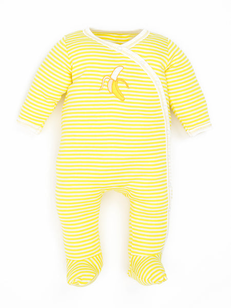 Organic Cotton Unisex Baby Yellow Stripe Banana Side Snap Footies