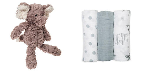 Putty Elephant Soft Toy and lulujo 3 Pk. Afrique Mini Muslin Cloths Set