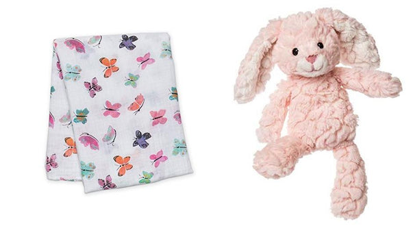 Putty Pink Bunny Soft Toy and lulujo Butterfly Muslin Swaddling Blanket Set
